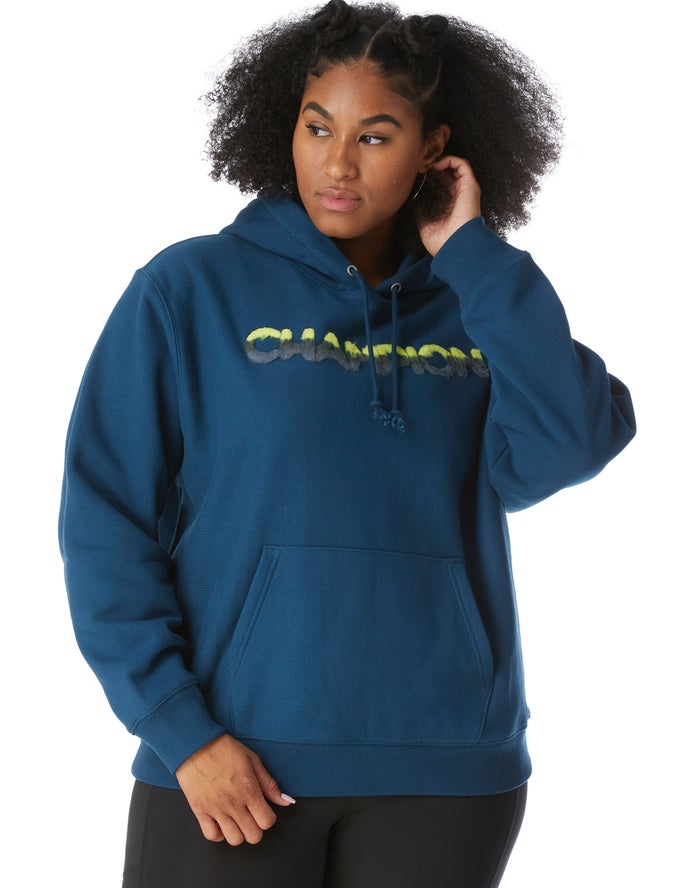 Champion Plus Reverse Weave Ombre Chenille Applique Kadın Kapşonlu Sweatshirt Mavi ( OSEXQU367 )